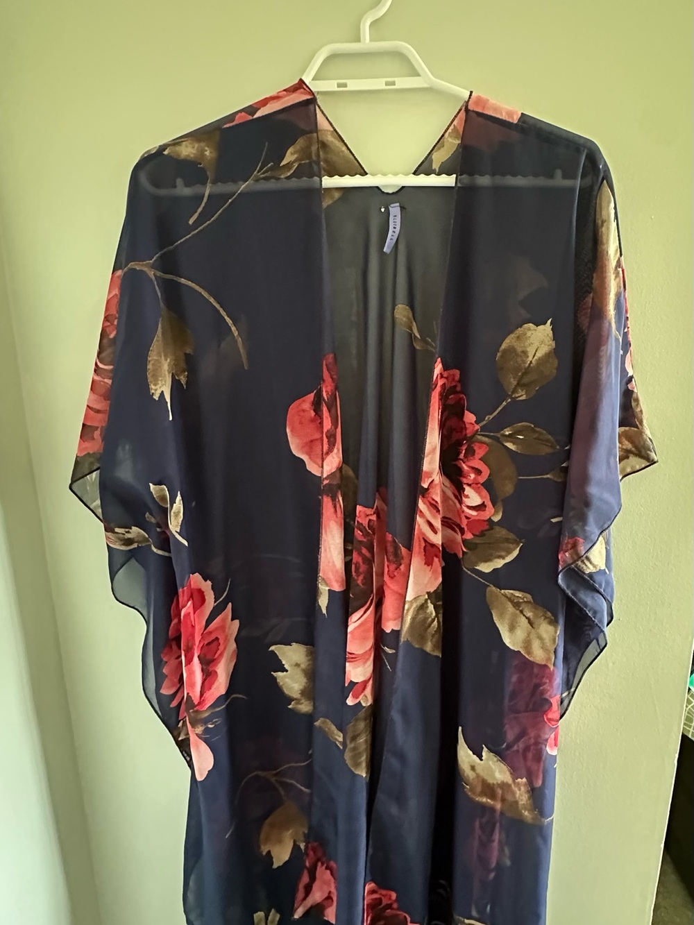 Navy Sheer Floral Kimono with Pink Rose Print